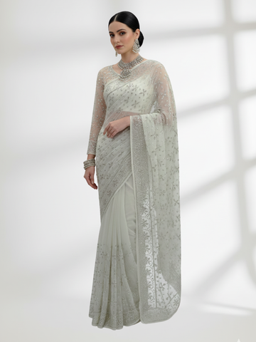 Silver Mukesh Saree on Pure Crinkle Chiffon