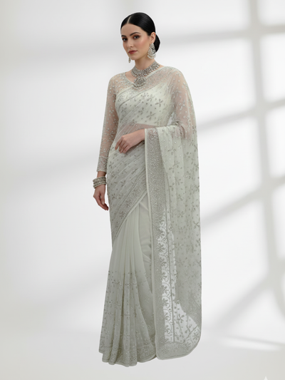 Silver Mukesh Saree on Pure Crinkle Chiffon