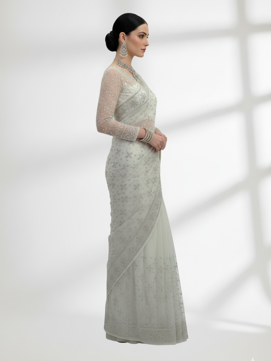 Silver Mukesh Saree on Pure Crinkle Chiffon