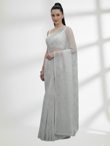Silver Mukesh Saree on Crinkle Chiffon