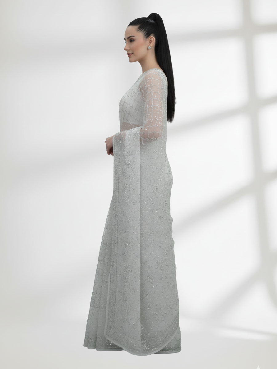 Silver Mukesh Saree on Crinkle Chiffon