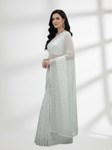 Gold Mukesh Saree on Pure Dull Crinkle Chiffon