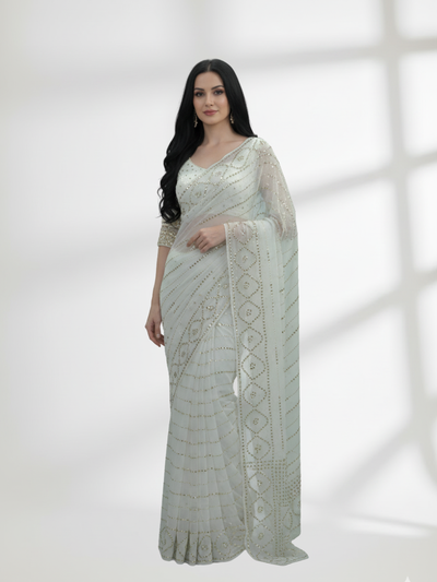 Gold Mukesh Saree on Pure Dull Crinkle Chiffon