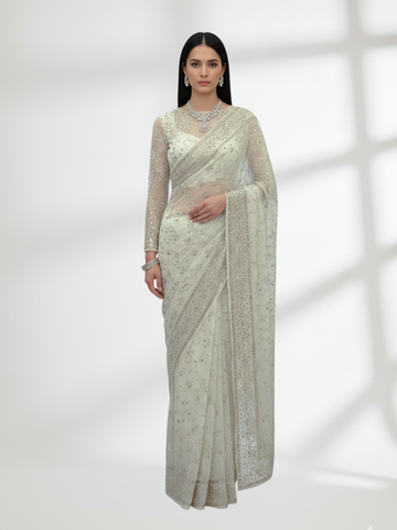 Rose Gold Mukesh Saree on Pure Crinkle Chiffon