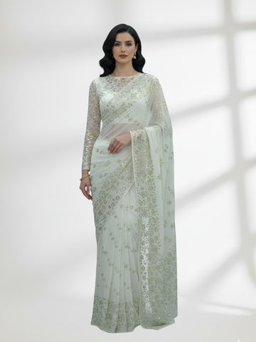 Mukesh Saree on Pure Crinkle Chiffon – Gold & Silver Mix