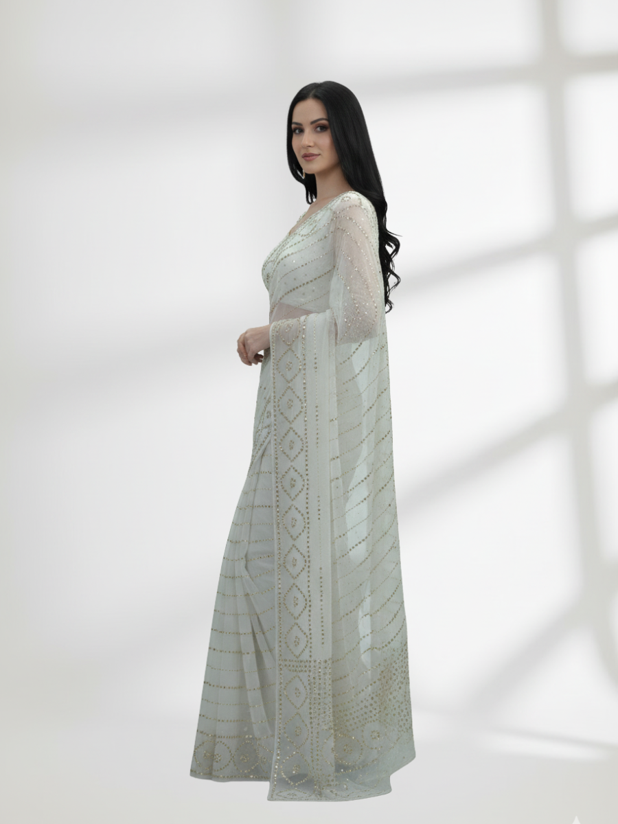 Gold Mukesh Saree on Pure Dull Crinkle Chiffon