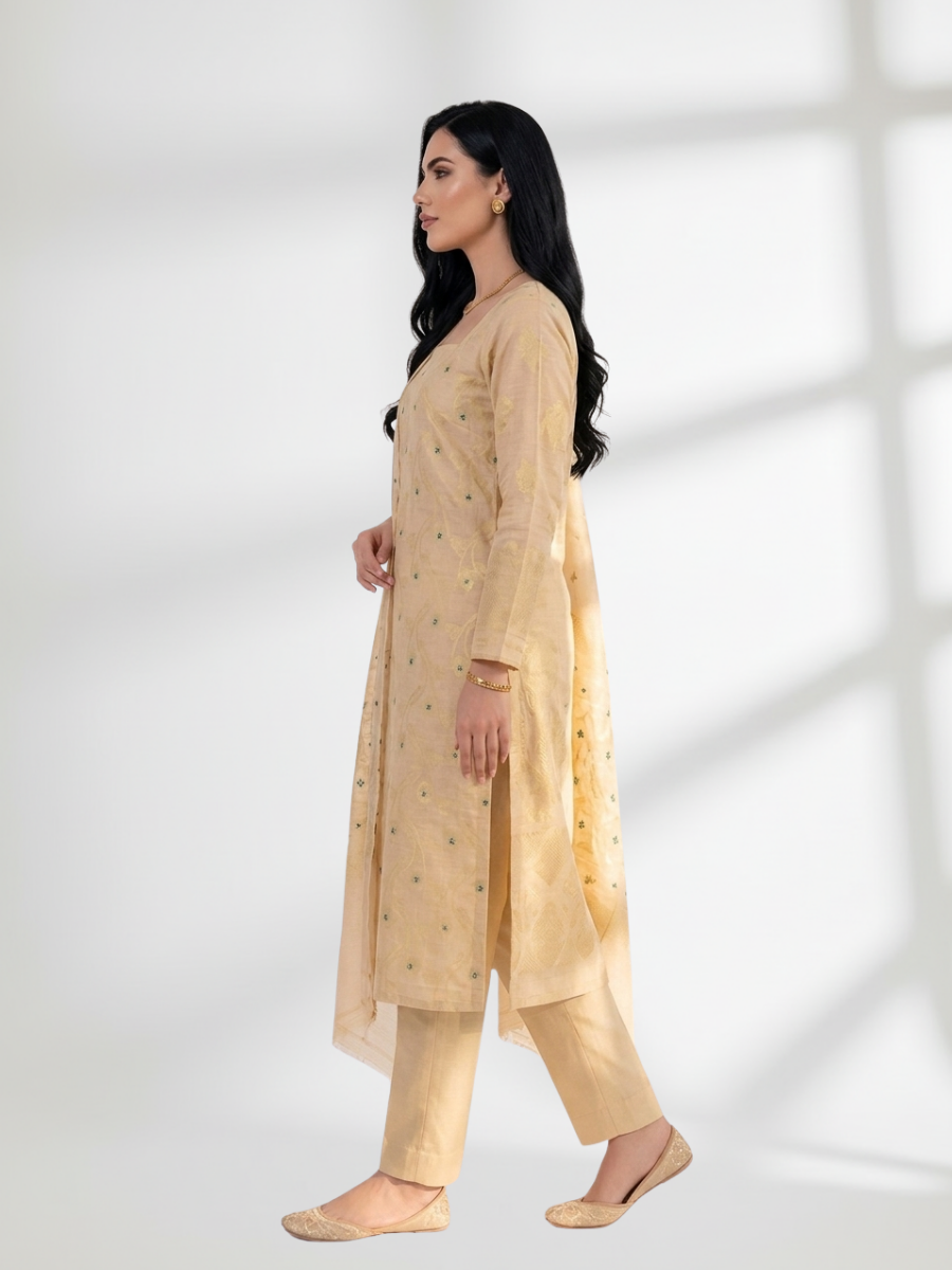 Mustard Yellow Khaddi Silk 3 Piece Suit