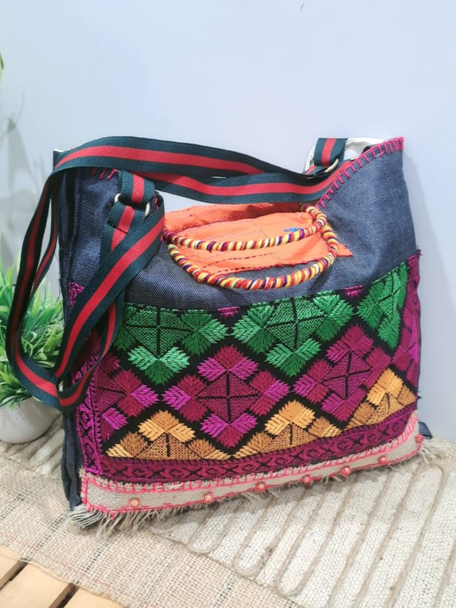 Embroidered Denim Shoulder Bag