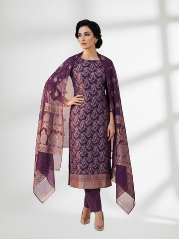 Dark purple Khaddi Silk 3 Piece Suit