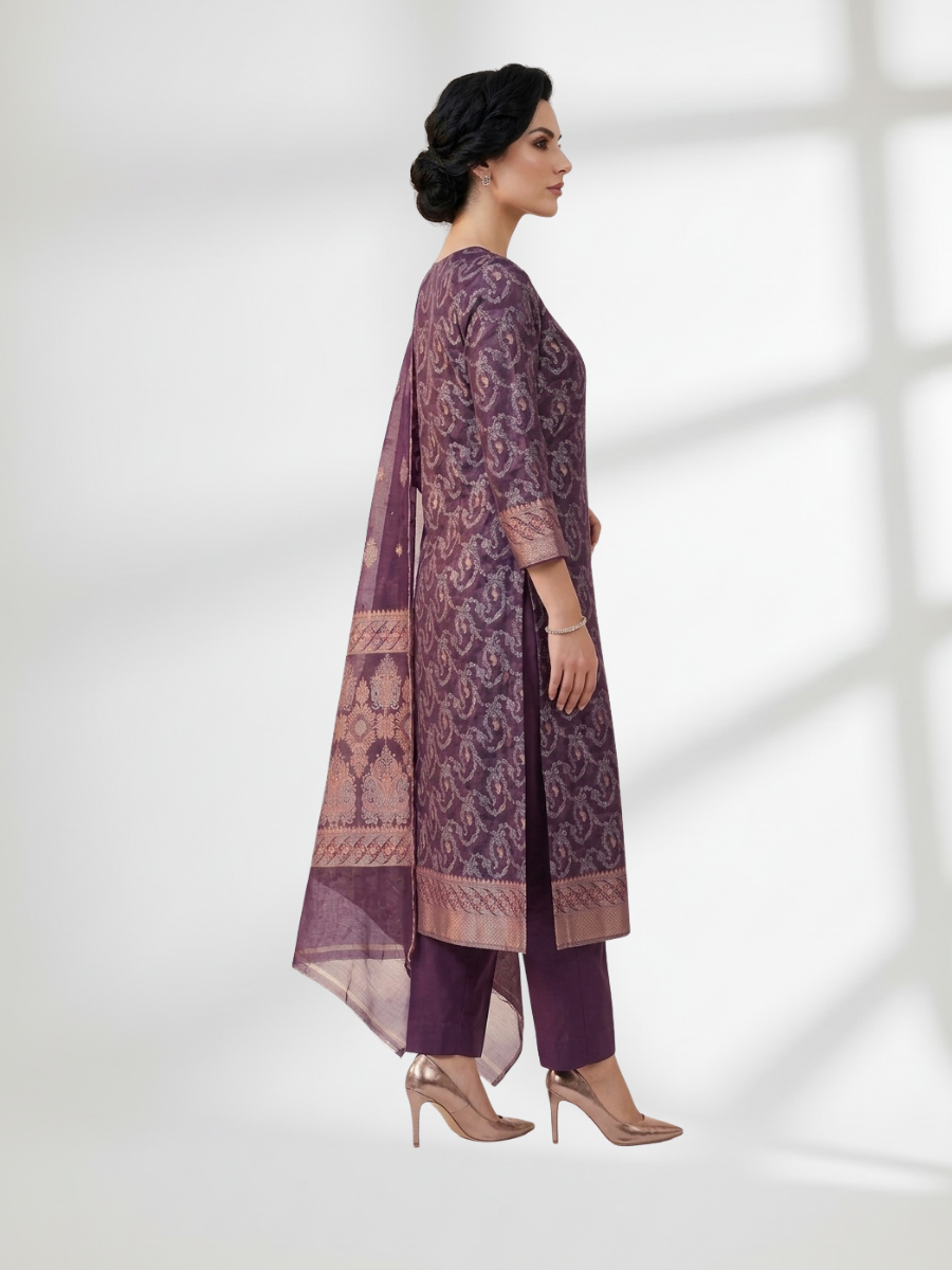 Dark purple Khaddi Silk 3 Piece Suit