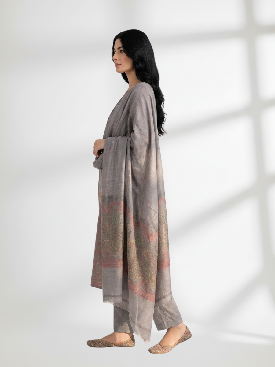 Grey Khaddi Silk 3 Piece Suit
