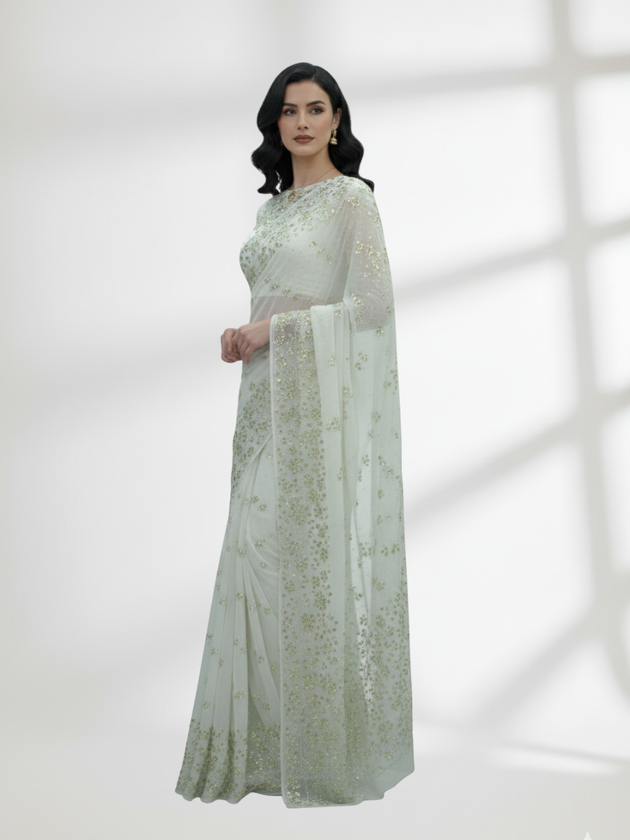 Mukesh Saree on Pure Crinkle Chiffon – Gold & Silver Mix