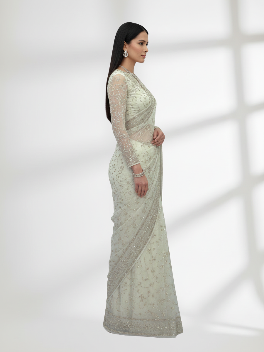 Rose Gold Mukesh Saree on Pure Crinkle Chiffon