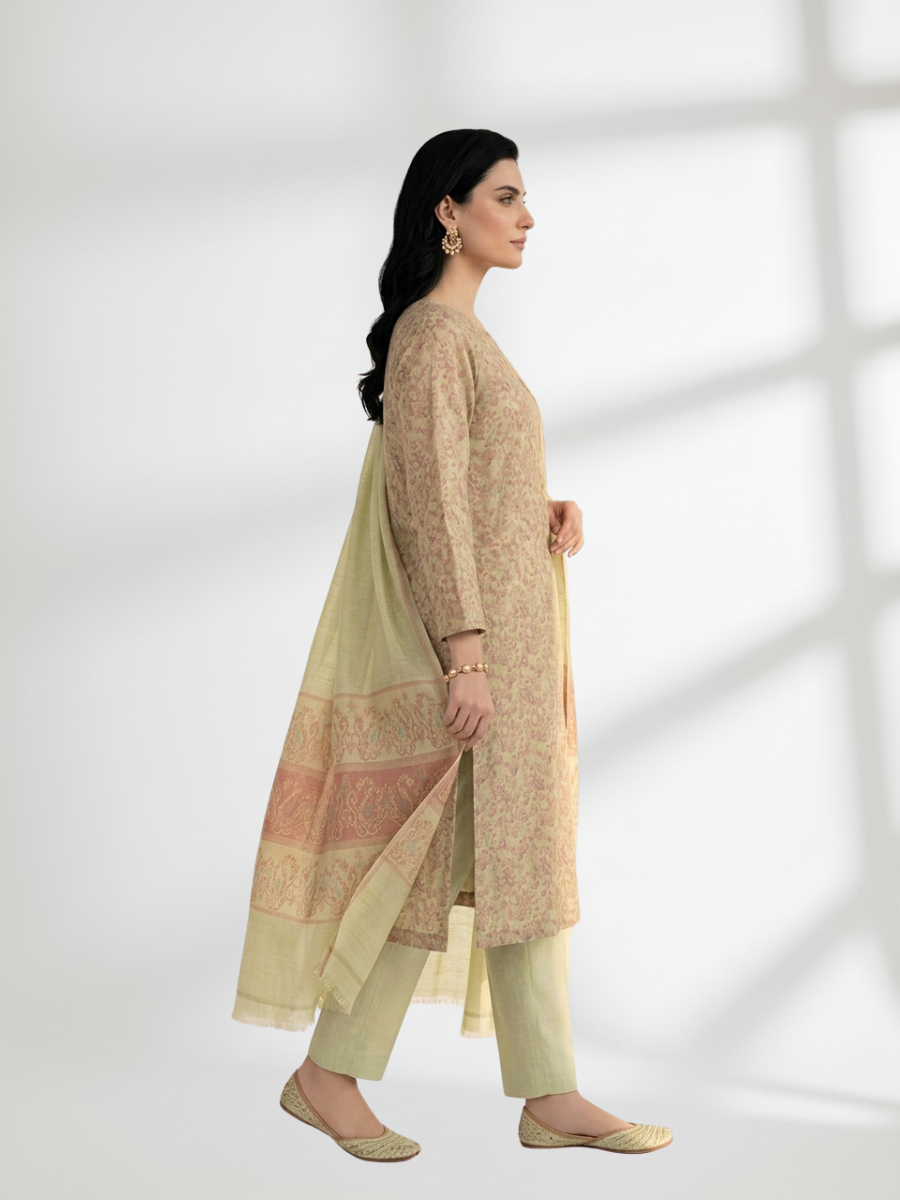Pale Gold Khaddi Silk 3 Piece Suit