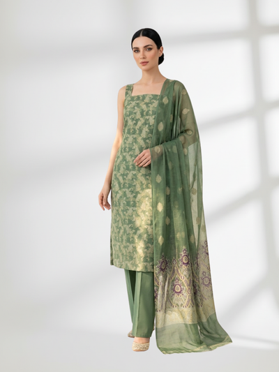 Emerald green Khaddi Silk 3 Piece Suit