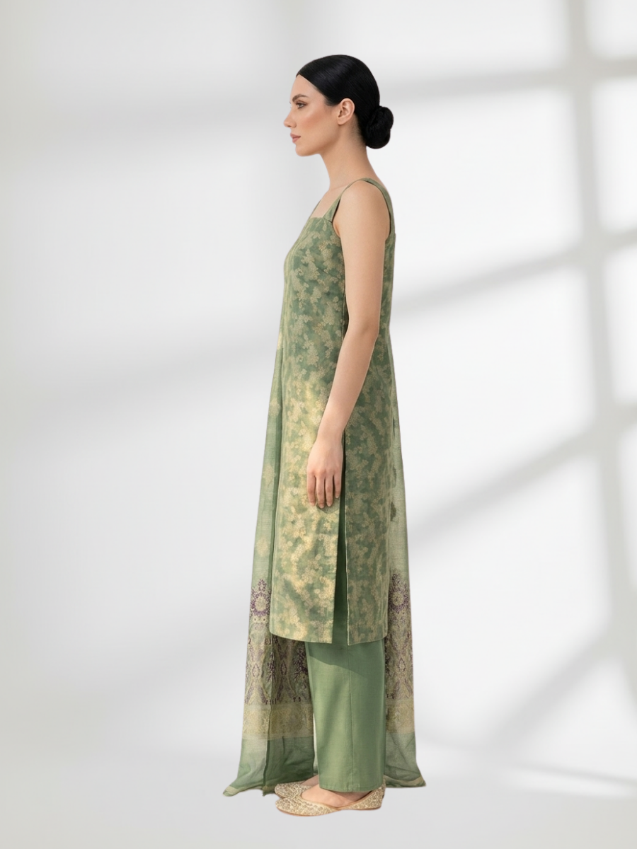 Emerald green Khaddi Silk 3 Piece Suit