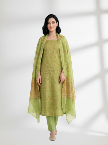 Lime green Khaddi Silk 3 Piece Suit