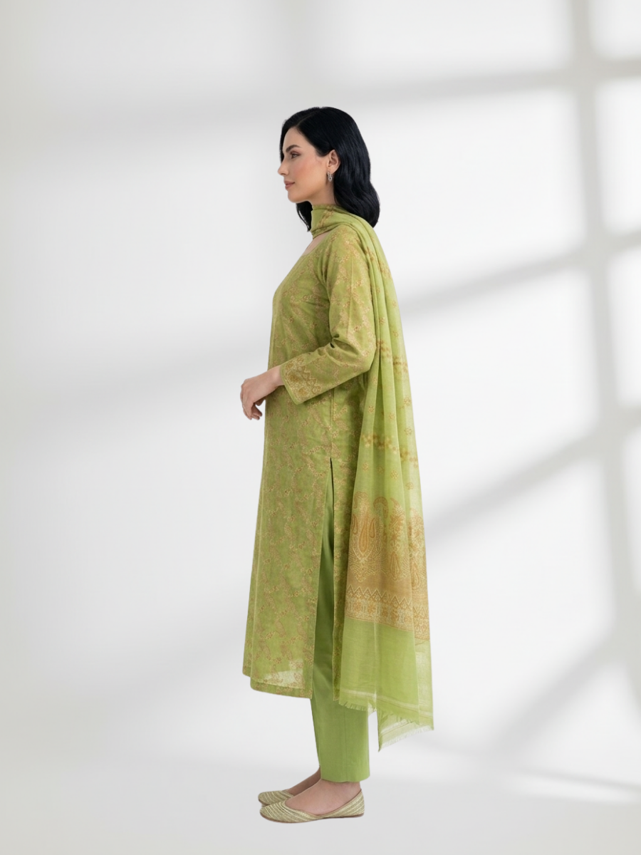 Lime green Khaddi Silk 3 Piece Suit