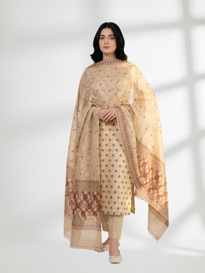 Mustard Gold Khaddi Silk 3 Piece Suit