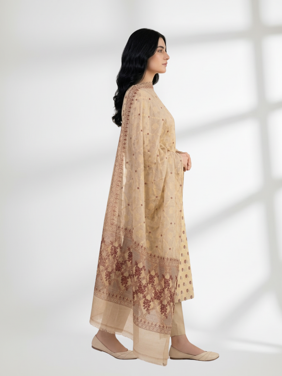 Mustard Gold Khaddi Silk 3 Piece Suit