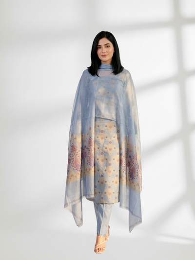 Mustard Blue Khaddi Silk 3 Piece Suit