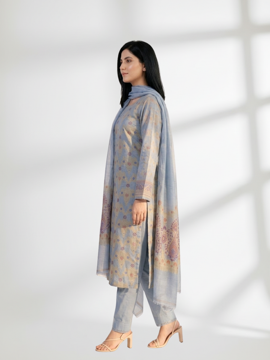Mustard Blue Khaddi Silk 3 Piece Suit