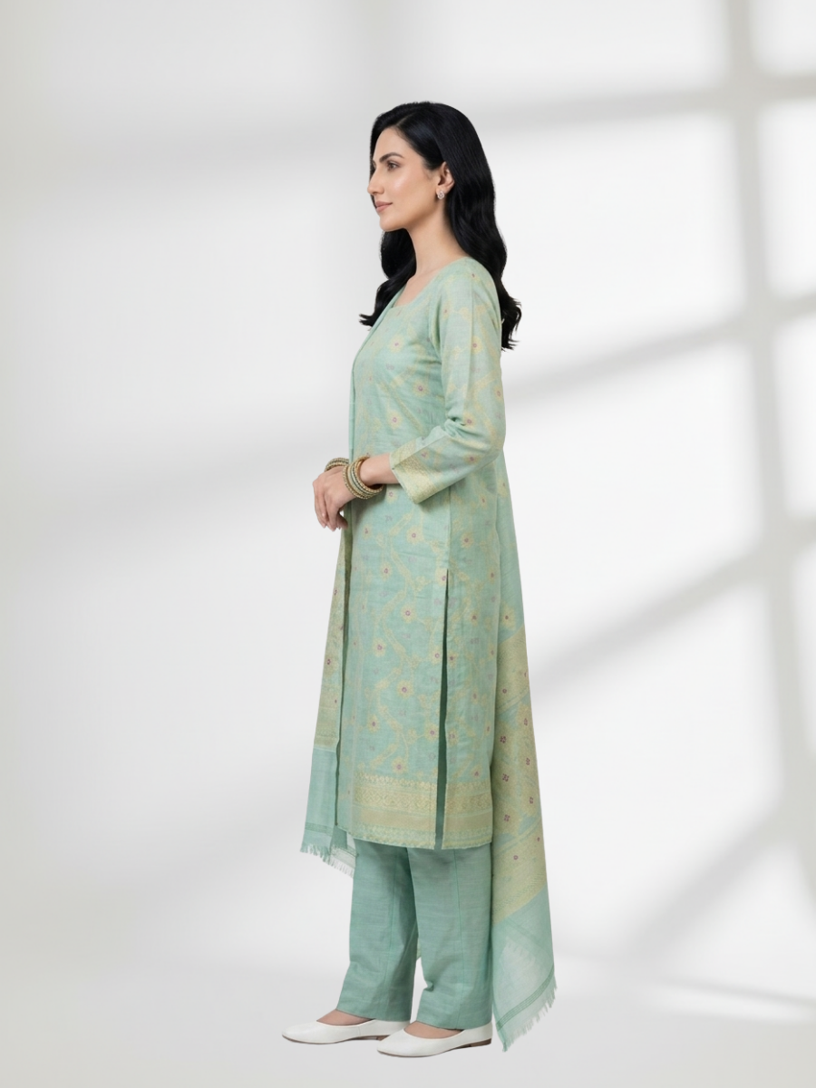 Mint Green Khaddi Silk 3 Piece Suit