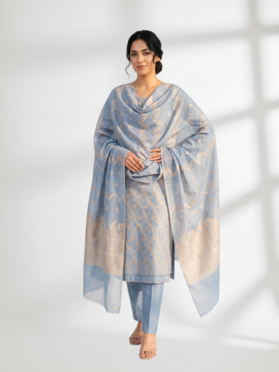 Sky Blue Khaddi Silk 3 Piece Suit
