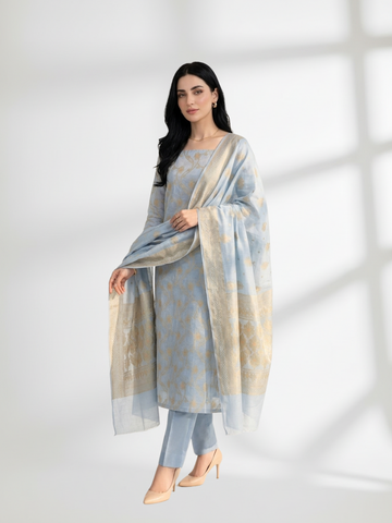Ice Blue Khaddi Silk 3 Piece Suit