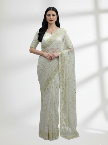 Kamdani Mukesh Saree on Pure Crinkle Chiffon – Gold Mukesh