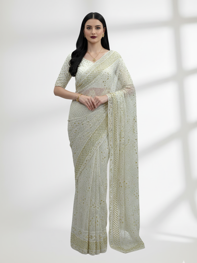 Kamdani Mukesh Saree on Pure Crinkle Chiffon – Gold Mukesh