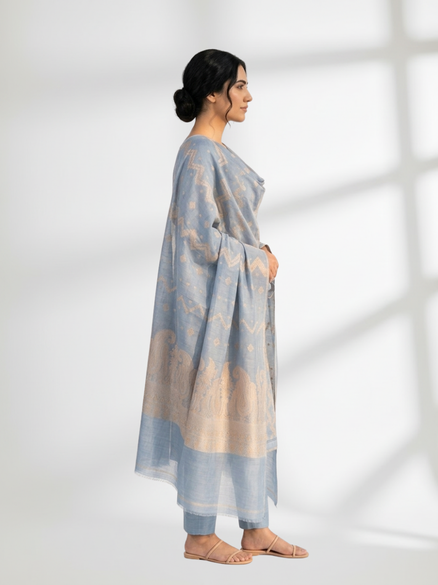 Sky Blue Khaddi Silk 3 Piece Suit