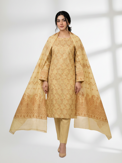 Mustard Gold Khaddi Silk 3 Piece Suit