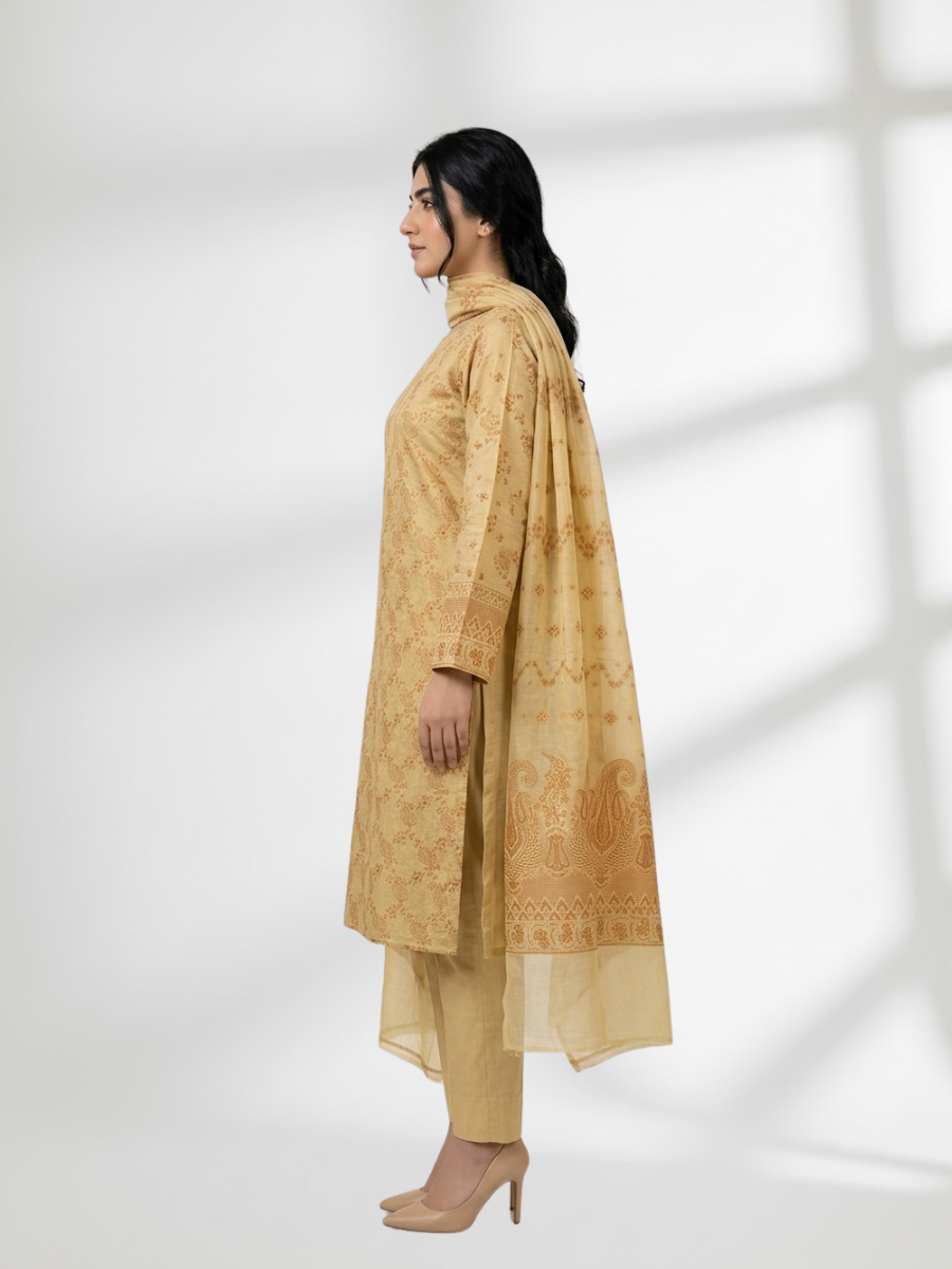 Mustard Gold Khaddi Silk 3 Piece Suit