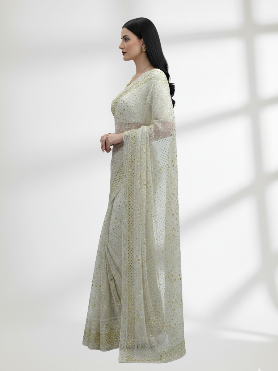 Kamdani Mukesh Saree on Pure Crinkle Chiffon – Gold Mukesh