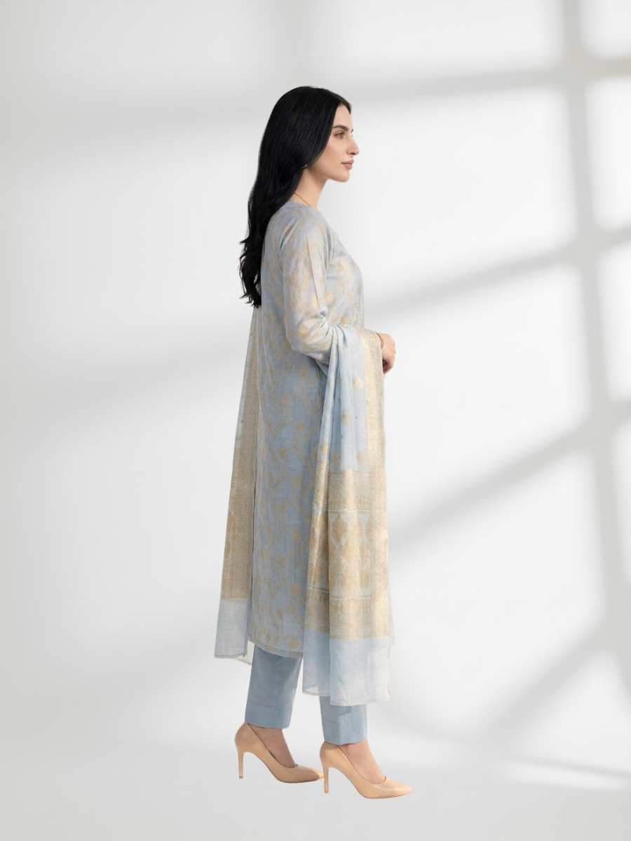Ice Blue Khaddi Silk 3 Piece Suit