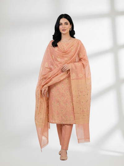 Elegant Peach Khaddi Silk 3-Piece Suit