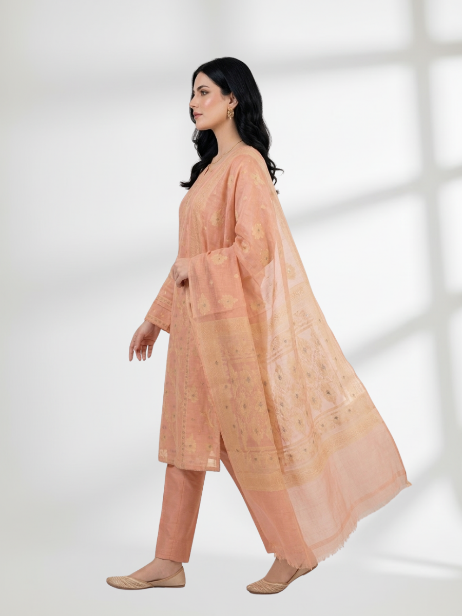 Elegant Peach Khaddi Silk 3-Piece Suit