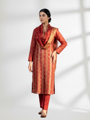 Dark Orange Khaddi Silk 3 Piece Suit