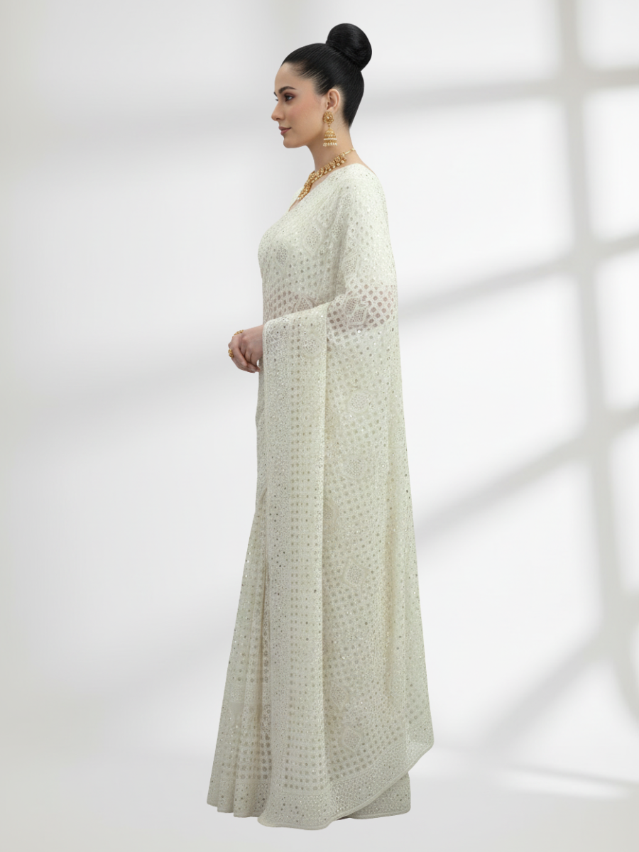 Chicken Kari Mukesh Saree on Pure Chiffon – 60g Rose Gold Mukesh