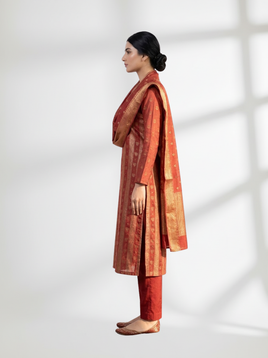 Dark Orange Khaddi Silk 3 Piece Suit