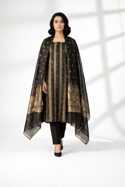 Midnight Black Khaddi Silk 3 Piece Suit