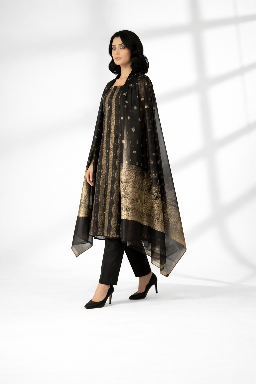 Midnight Black Khaddi Silk 3 Piece Suit